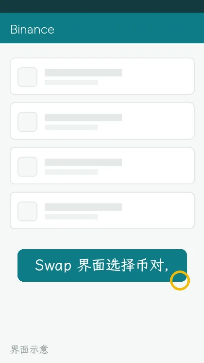 Swap 界面选择币对,圈出币名旁边的链标识(界面示意)